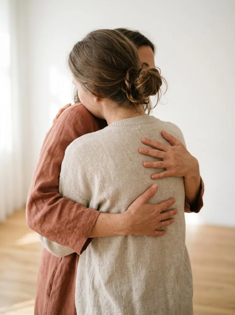 Dos personas se abrazan en una habitación luminosa