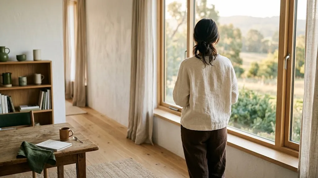 Persona de espaldas mirando por una ventana amplia con luz de la mañana
